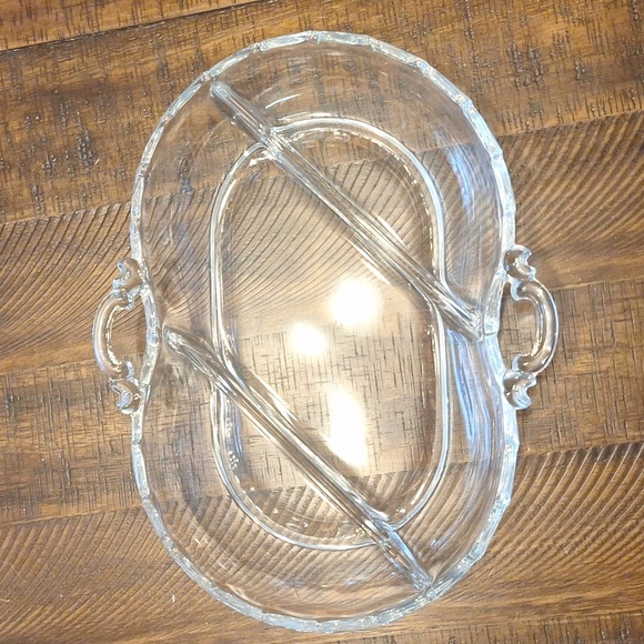 VINTAGE CRYSTAL FOSTORIA CENTURY 3 PART DIVIDED OLIVE/APP DISH 11”x7”x2” - Picture 1 of 6
